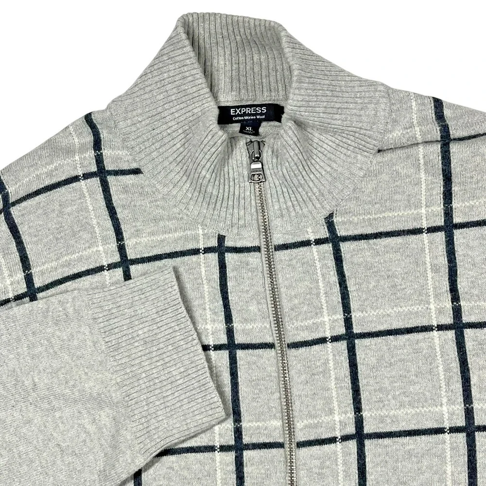 Express Full Zip Sweater Mens XL Grey Cotton Merino Wool Windowpane Mock Neck‎